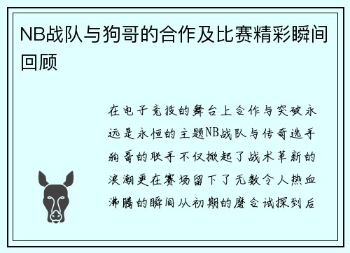 NB战队与狗哥的合作及比赛精彩瞬间回顾