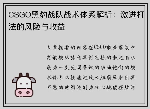 CSGO黑豹战队战术体系解析：激进打法的风险与收益